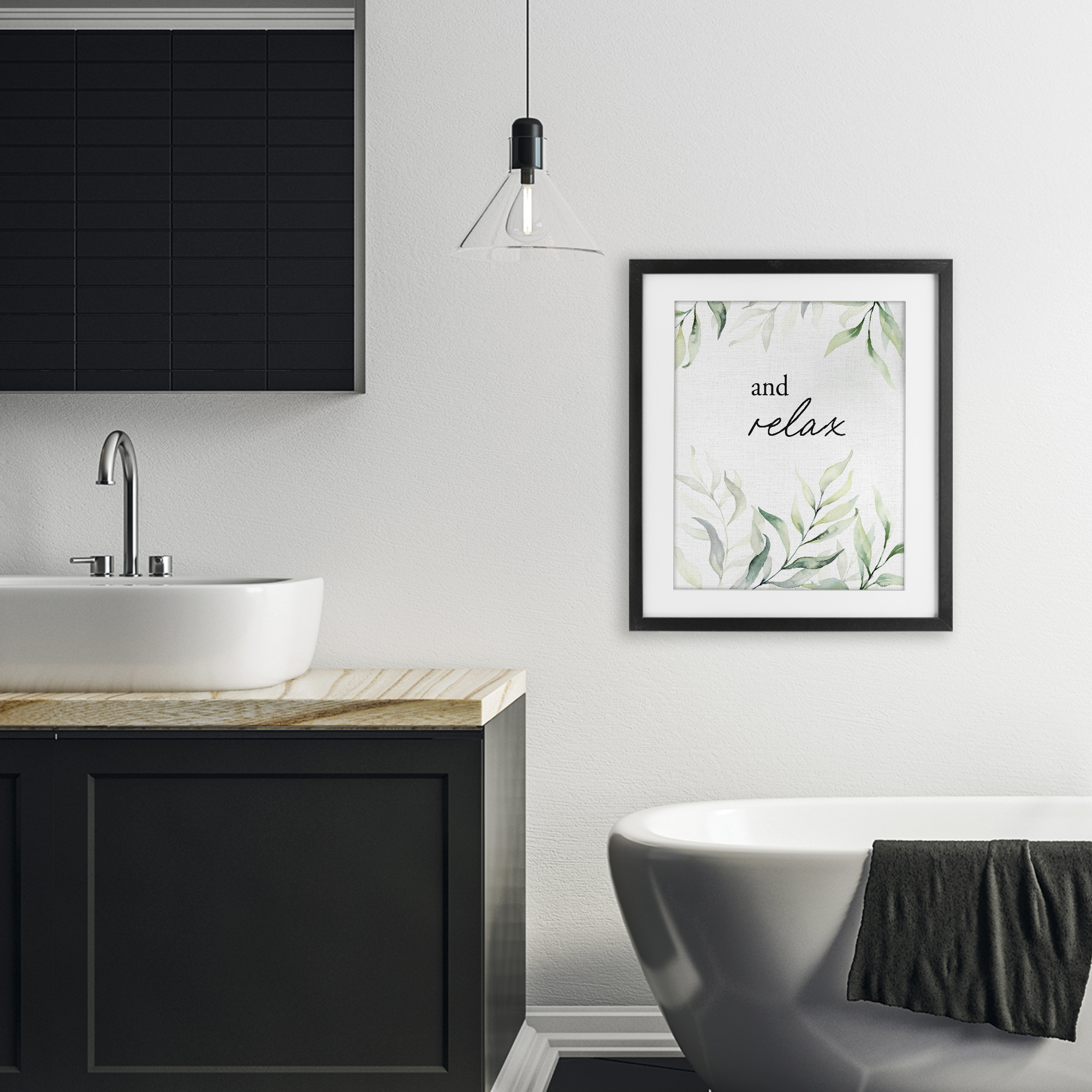 And Relax Soothing Greenery Black Framed Print Under Glass, design by Lettered and Lined