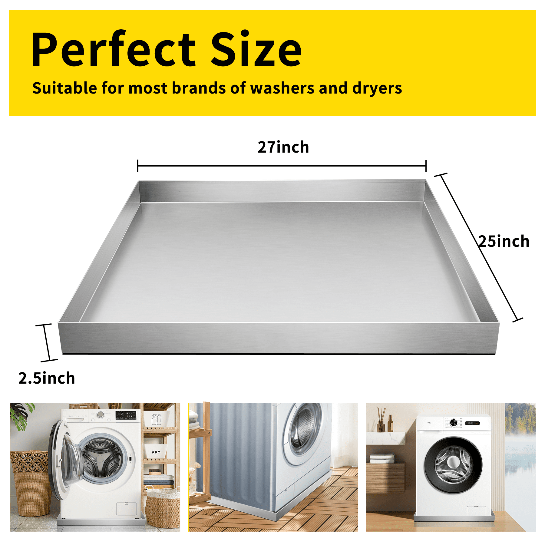Cxforste Washing Machine Drain Pan - 27" x 25" x 2.5" - 304 Stainless Steel Heavy Duty Washing Machine Tray No Hole