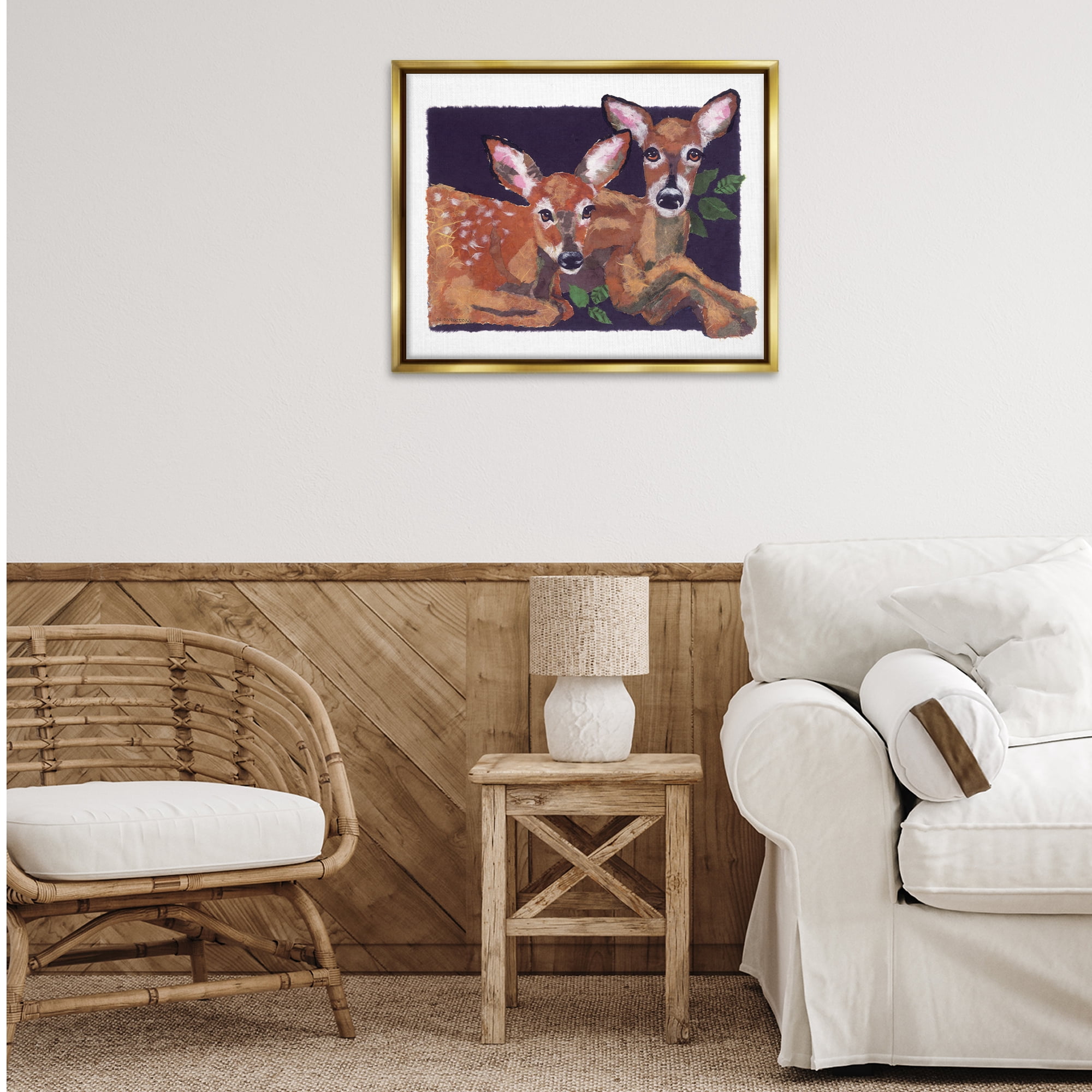 Stupell Industries Fawn Siblings Portrait Animals & Insects Painting Gold Floater Framed Canvas Art Print Wall Art, 31 x 25