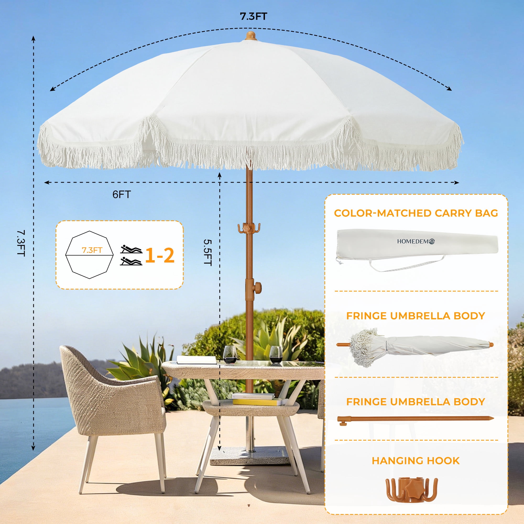 HOMEDEMO Boho Patio Umbrella with Fringe & Tassel - UPF50+ Sun Protection, Push Button Tilt, Premium Aluminum Pole & Fiberglass Ribs, Outdoor Market Umbrella with Hanging Hook