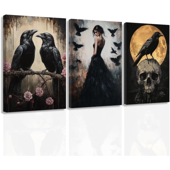 ZHONGYUTONG 3 Piece Gothic Canvas Wall Art Black Goth Crow Skull Pictures Set Skeleton Prints Dark Halloween Wall Decor for Bedroom Home Decor Framed (11.00" x 14.00" x 3PCS)