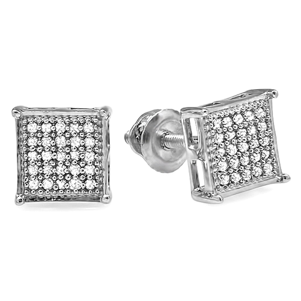 ctw Platinum Plated Sterling Silver Real Diamond Square Shape Mens Hip Hop Iced Stud Earrings 1/10 CT 0.10 Carat 