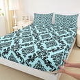 thumbnail image 4 of jejeloiu Bright Damask Bed Sheets For Girls,Floral Pattern Full Size Sheets,Black Cyan,4-Piece,1 Flat Sheet, 1 Fitted Sheet and 2 Pillowcases, 4 of 6