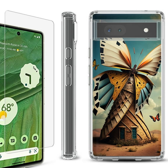 Shockproof Bumper Phone Case for Google Pixel 6a, with Tempered Glass Screen Protector, by OneToughShield ® - Butterfly Windmills
