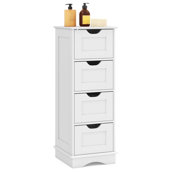 Costway Bathroom Storage Cabinet with 4 Drawers Cut-out Handles Anti-toppling Device White
