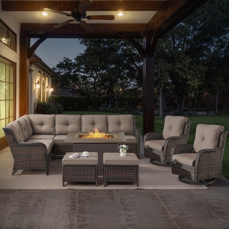 POCASSY 7PCS Outdoor Furniture Set with Firepit Table, Brown Wicker Outdoor Conversation Set with Patio Sectional Sofa Patio Swivel Chairs and Propane Firepit for Deck Porch Garden - Gray