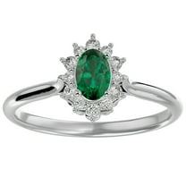 SuperJeweler 2/3 Carat Oval Shape Created Emerald and Halo Diamond Ring In Sterling Silver For Women