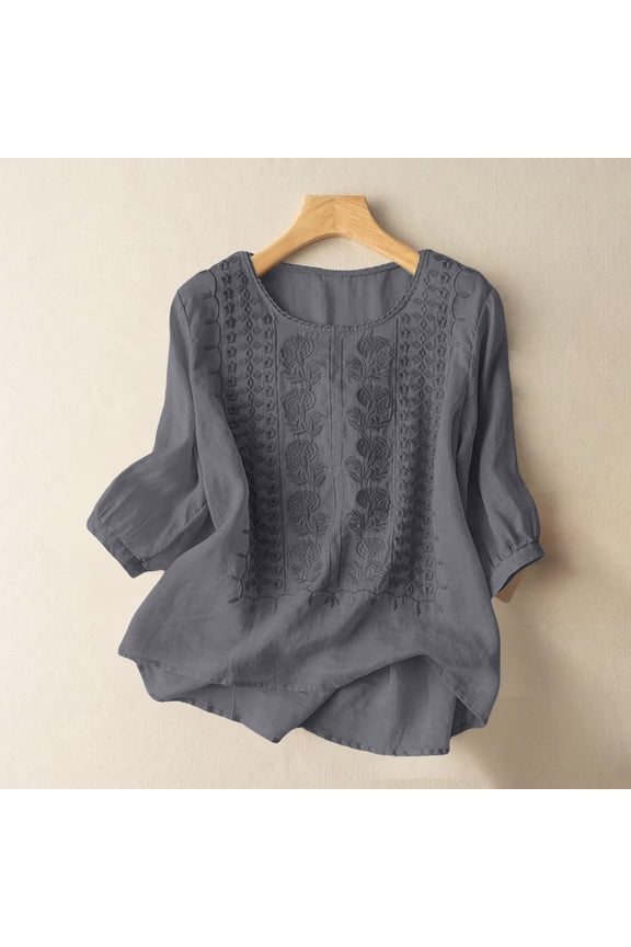 Embroidered Linen Shirts Bohemian Tops Flowy Shirts Cotton Linen Shirts Casual Outfits Summer Peasant Gauze Blouses Lace Solid Blouses Trendy Retro Embroidered Womens Shirts Grey 3XL