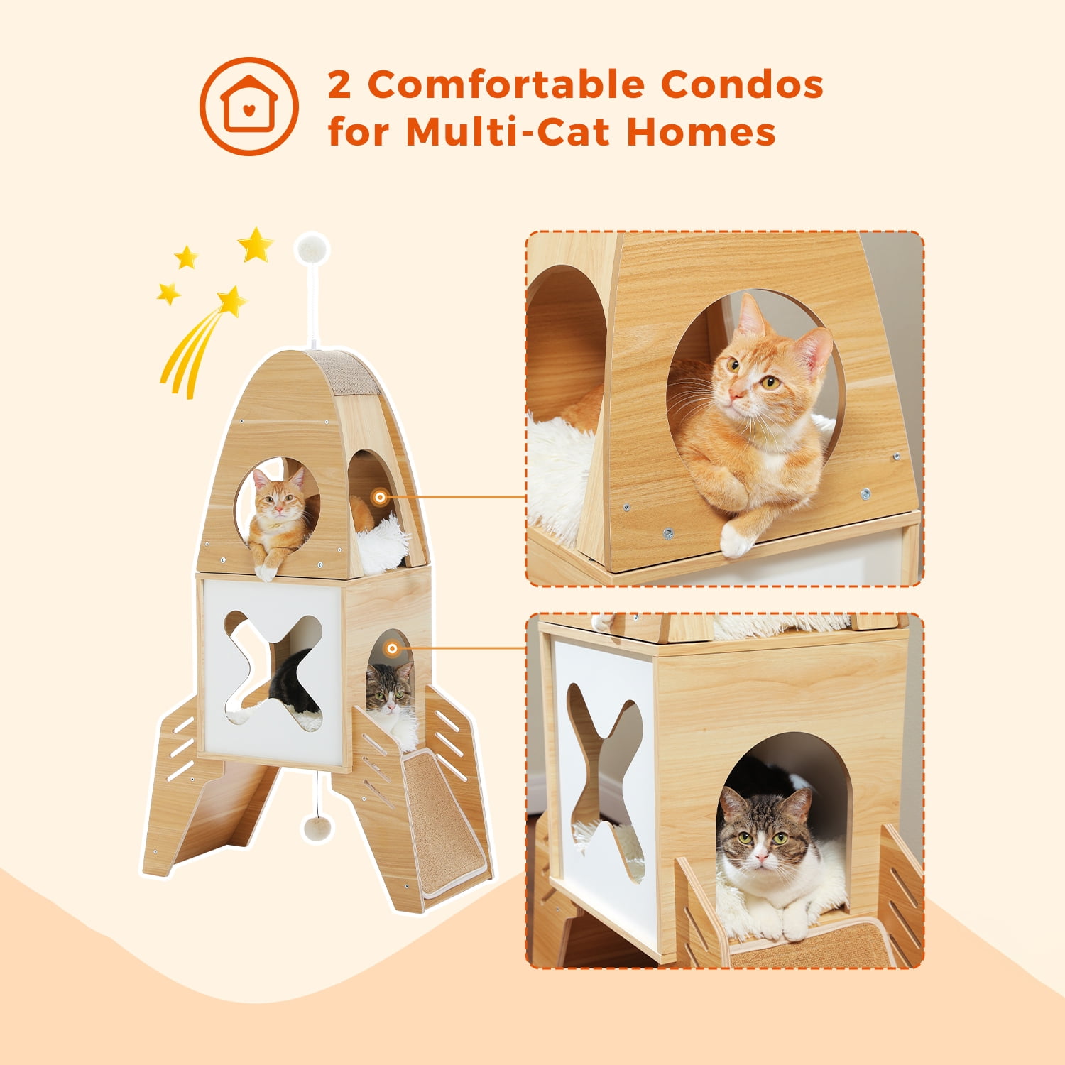 Pefilos 43" Modern Cat Tree Tower Rocket Shape, Multilevel Cat Condo for Large Cats, Cat Tower for Big and Fat Spacious, Beige