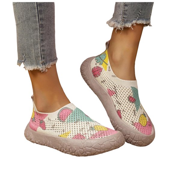 Rokment Floral Slip on Chunky Flat Walking Shoes for Women Boho Casual Wide Feet Non Slip Low Profile Fashion Sneakers Spring Fall Beach Garden