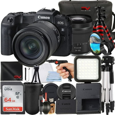 Canon EOS RP Mirrorless Camera with RF 24-105mm IS STM Lens   SanDisk 64GB Memory Card   Case   Tripod   SV Premium Accessory Bundle