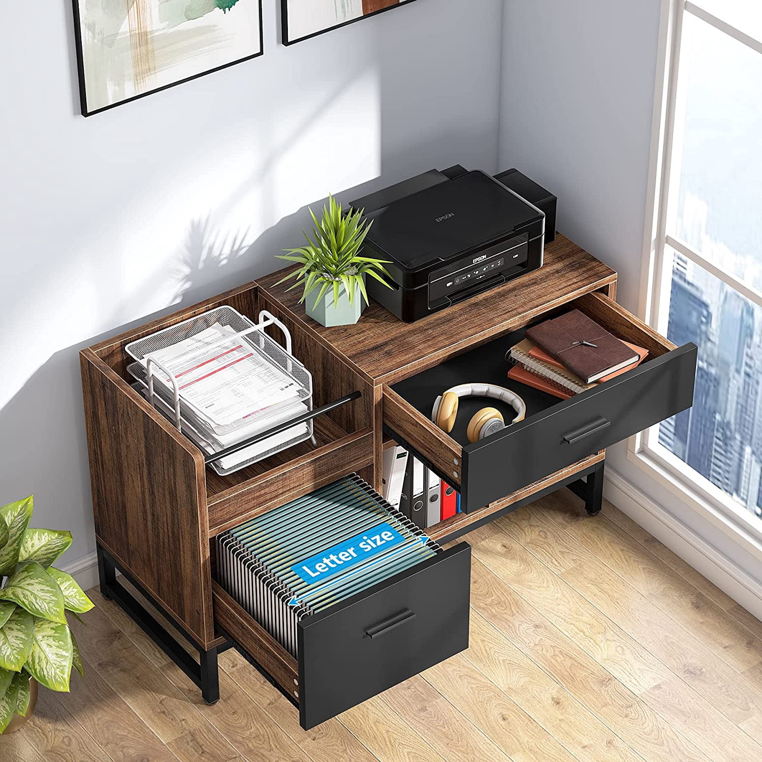 Tribesigns 2 Drawers File Cabinet, 39 inch Lateral Filing Cabinet with Open Storage Shelves for Home Office, Rustic Brown