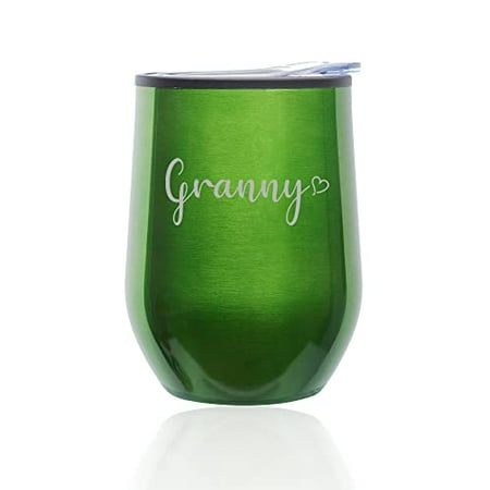 

Stemless Wine Tumbler Coffee Travel Mug Glass with Lid Granny With Heart (Green)