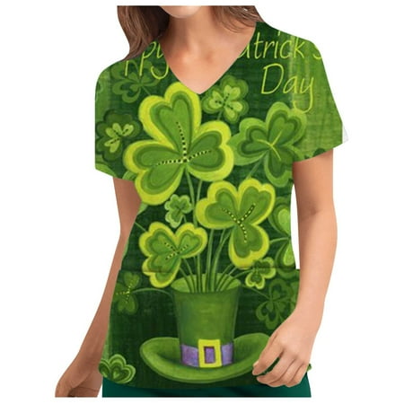 

REORIAFEE St Patrick s Day Green Shirt Women Scrub Tops Lucky Working Uniforms Holiday Shamrock Short Sleeve V Neck Nursing Tops Birthday Gifts For Women Fashion Tops Purple M