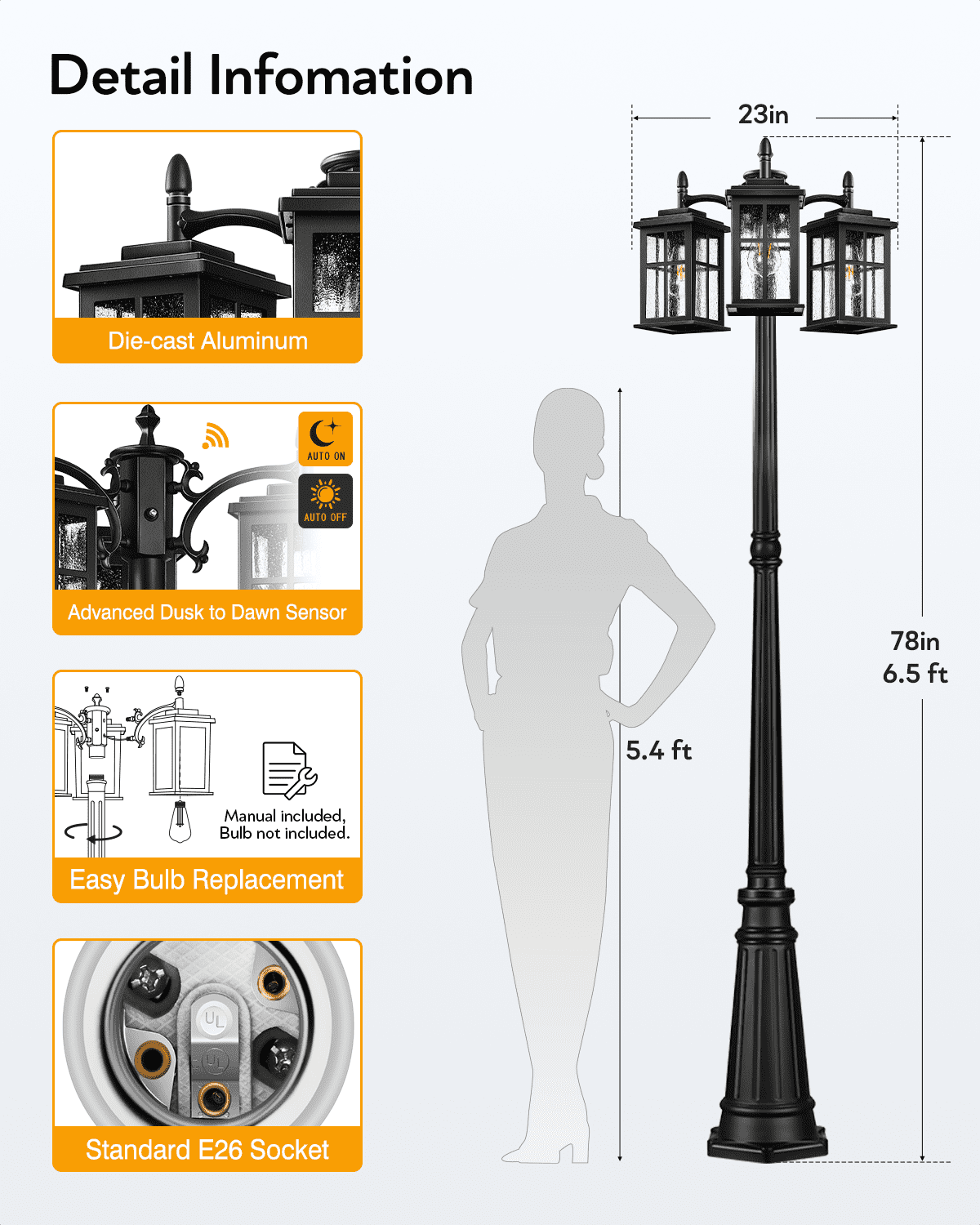 Dusk to Dawn Outdoor Lamp Post Light, Waterproof Outdoor Post Lights, Black Anti-Rust Light Poles for Outside, Modern 3-Head Lamp Posts Outdoor Lighting with Transparent Glass for Backyard