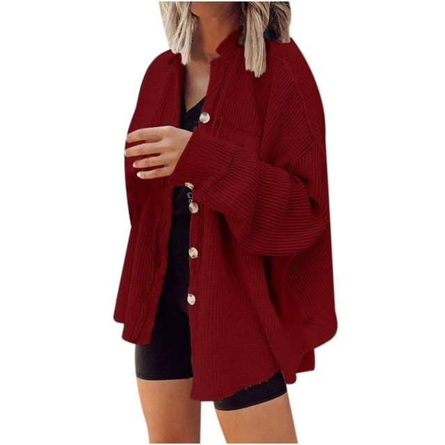 AherBiu Long Sleeve Shirts for Women Button down V Neck Oversized Jackets Spring Fall Tops Outwear