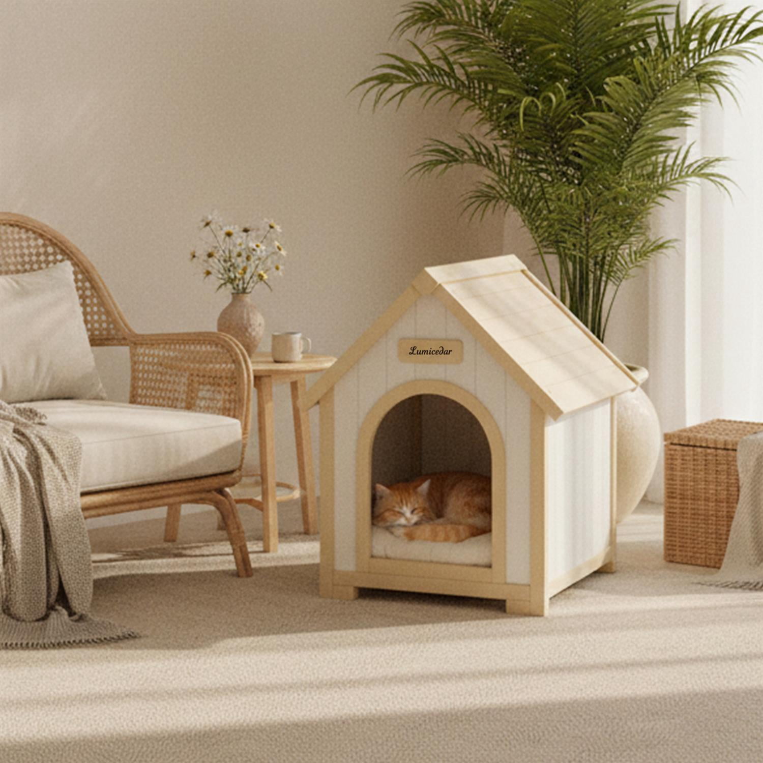 Pefilos FSC Solid Cedar Pet House, Cream Yellow Cabin Style Indoor Shelter for Small Dogs/Cats, Wood Material, Yellow