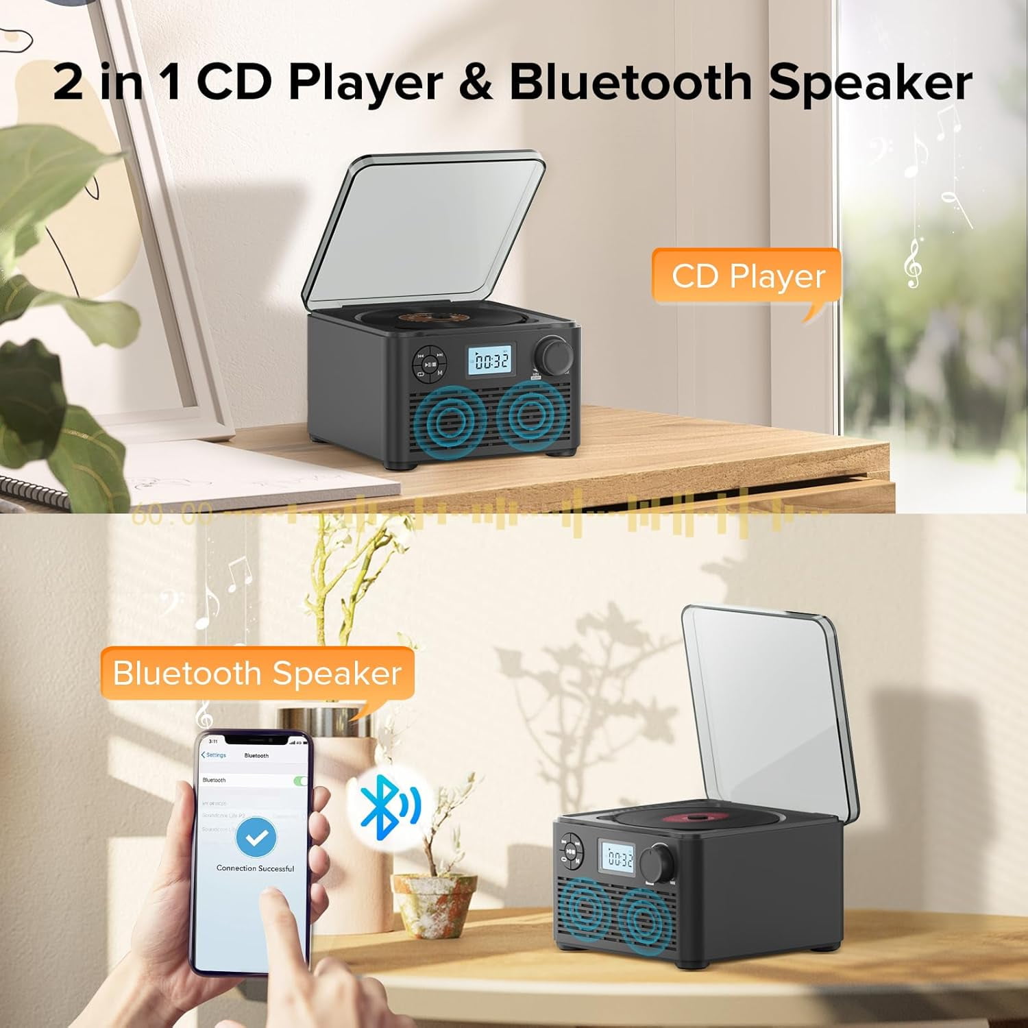 Portable CD Player Boombox with Bluetooth,CD Players for Home with Stereo Speakers,Rechargeable BoomBox CD Player with FM Radio,Support CD/MP3,USB/TF Card,Headphone Jack for Home and Kids Gift