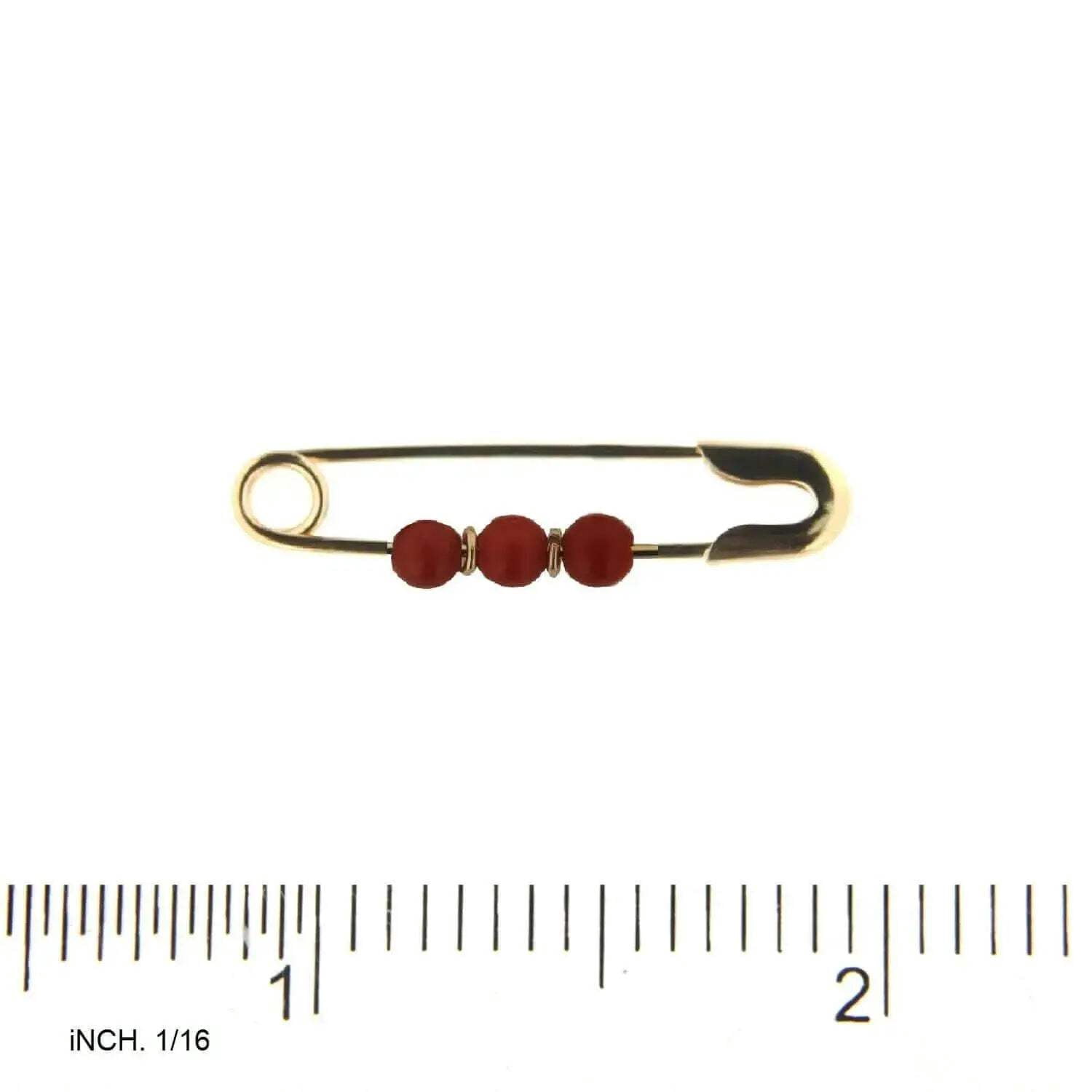 18K Solid Yellow Gold Coral beads Safety Pin 1 inch