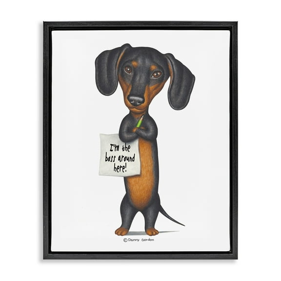 Stupell Industries Dachshund 'I'm The Boss' Fun Family Pet Phrase Jet Black Framed Floating Canvas Wall Art, 16x20, by Danny Gordan