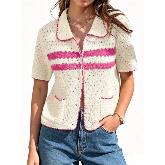 Womens Striped Short Sleeve Sweater Casual Knitted Button Down Crochet Cardigan Vintage Y2k Hollow-Out Tops