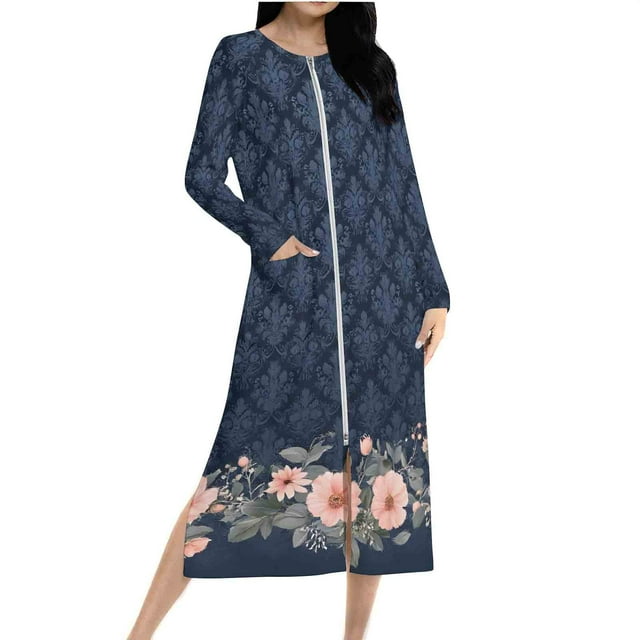 Ovingeta Robe de Pyjama pour Femmes Vêtements de Détente Amples Robe de Nuit à Fermeture Éclair Raglan Vêtements de Nuit Automne Hiver Vêtements de Maison Manches Longues PJs