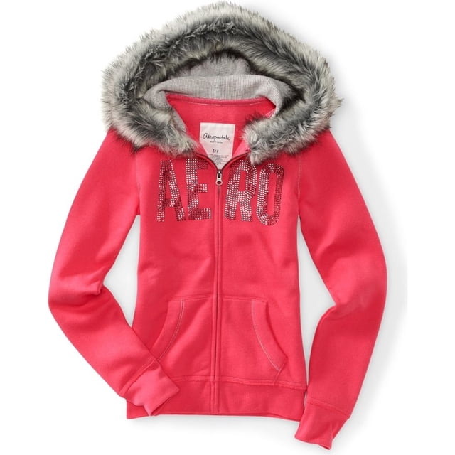 Aeropostale suéter con capucha de piel sintética con cremallera para mujer, rosa, grande Aeropostale Encapuchado