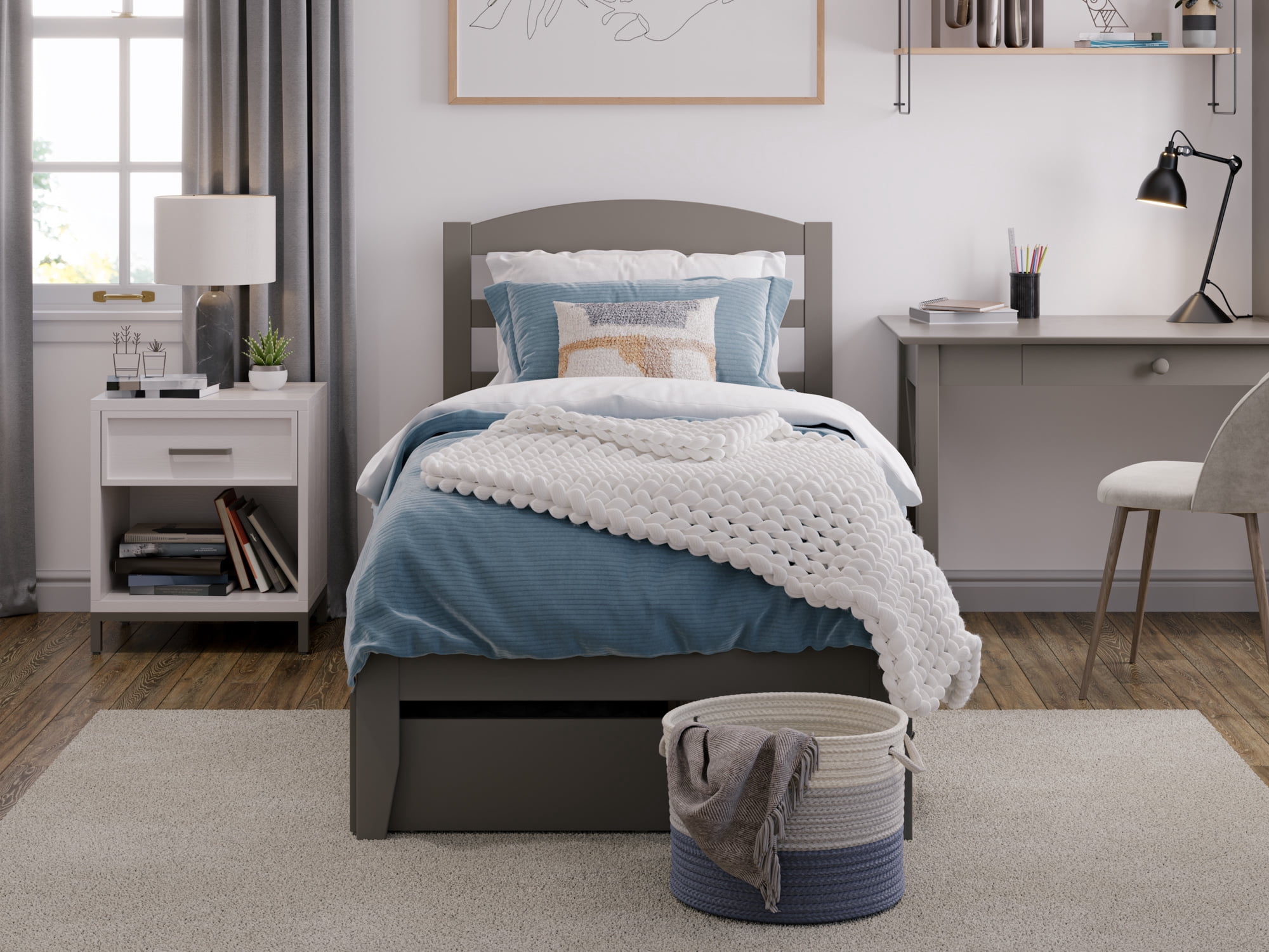 AFI Warren 14" Twin Wood Platform Bed Frame with Set of 2 Storage Drawers, Grey