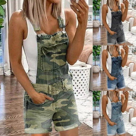 Brnmxoke Women's Summer Short Overalls Adjustable Camo Denim Bib Overall Shorts Romper Jumpsuits Loose Beach Outfits Travel Vacation Clothes Gray,S