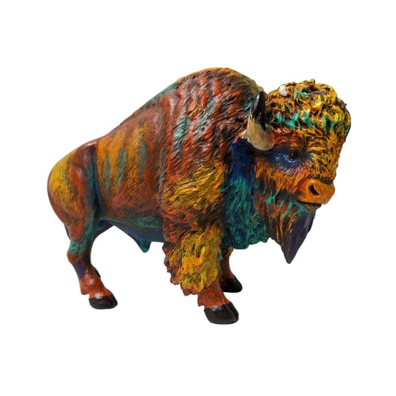 Rustic Colorful Resin Bison Figurine – Majestic American Bison Statue with Lifelike Details – Nature-Inspired Wildlife Décor for Home or Office