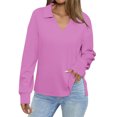thumbnail image 2 of YUGYXL Women's Side Split Sweatshirt Lounge Solid Color Long Sleeve Clothes V Neck Collared Blouses Pink M, 2 of 8