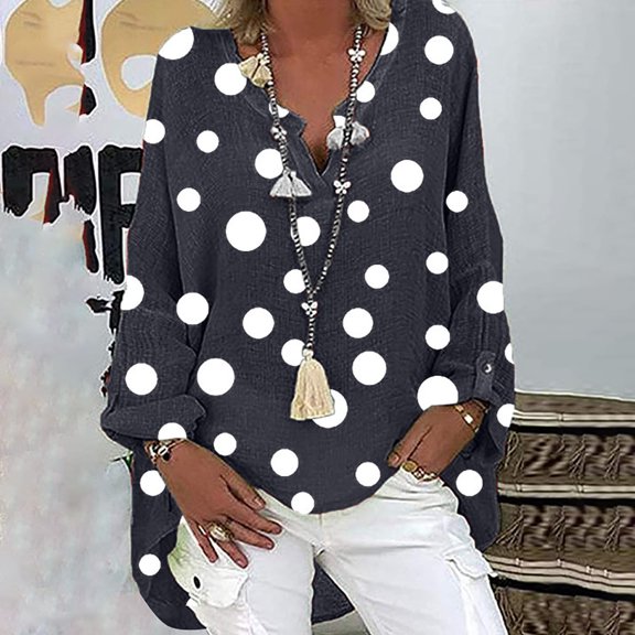 LoyisViDion Womans Shirts Clearance Plus Size Women Casual Long Sleeve Tops Dot Print Loose V-Neck Shirt Blouse Top Navy 6(M)