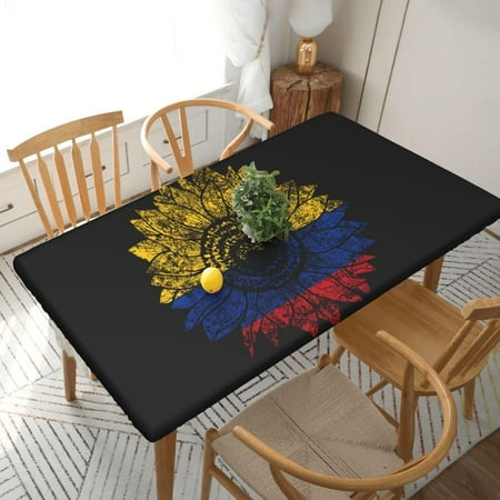 

Table Cover Elastic Edged Vintage Sunflower Colombia Colombians Flag Waterproof Wipeable Patio Table Cloths for 5 Ft Rectangle Table Black