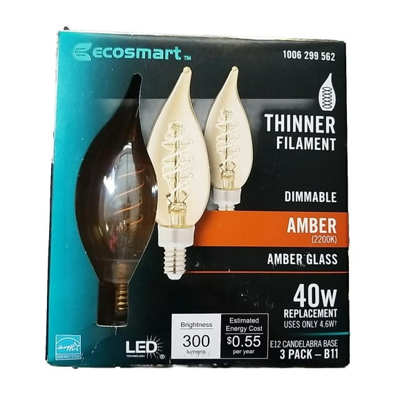 EcoSmart 40-Watt Equivalent BA11 Dimmable E12 Candelabra Fine Bendy Filament LED-3 Pack