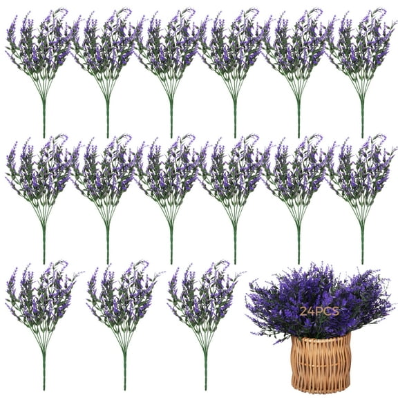 24PCS Fake Lavender Artificial Flowers, Plastic Purple Lavender Bouquet for Wedding, Home, Office Decoration