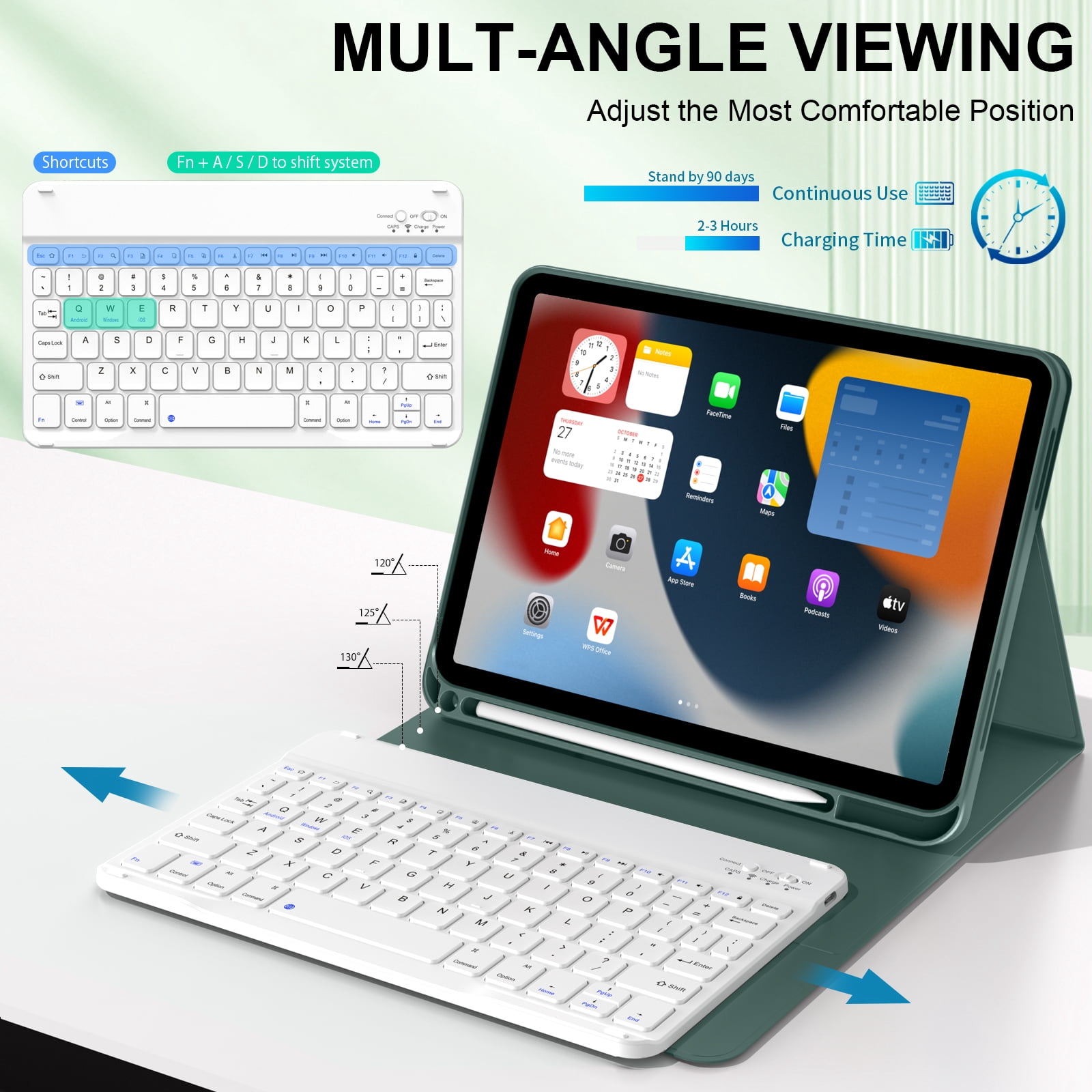 Aoub Keyboard Case for iPad (A16) 11th 10th Generation 2025 2022 with Pencil Holder, Detachable Wireless Bluetooth Rechargeable Keyboard Cover, Dark Green