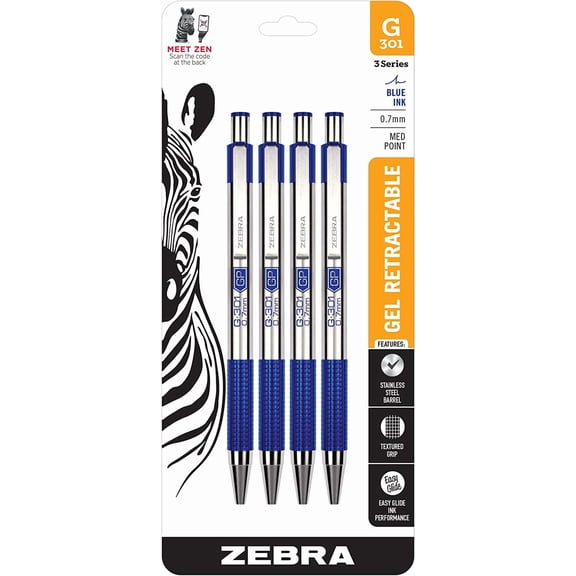 Zebra Pen G-301 Retractable Gel Pen 0.7mm Medium Point Blue Ink Stainless Steel Barrel 4 Pack 41324