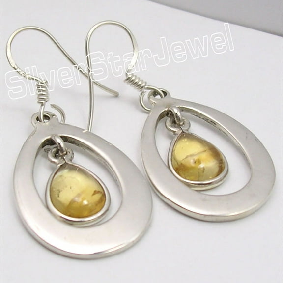SilverStarJewel Lovely Pair !! 925 Sterling Silver Rare Cabochon Citrine Dangle Earrings 1.7"