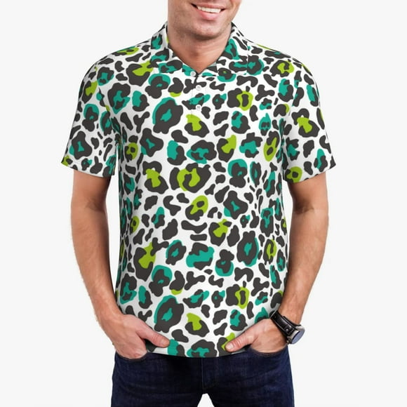 Saiise Chemise de Golf pour Hommes à Imprimé Léopard Vert, Évacuation de l'Humidité, Séchage Rapide, Polo de Performance pour Hommes-TG