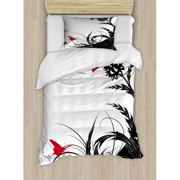Thistle Twin Size Duvet Cover Set, Abstract Floral Background with Thistle Flowers and Butterfly Motifs, Decorative 2 Piece Bedding Set with 1 Pillow Sham, Vermilion White and Black, by Ambesonne
