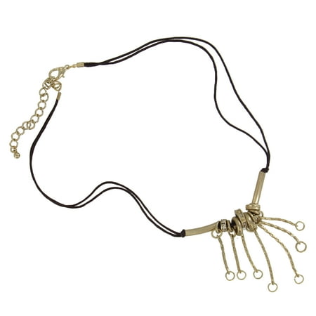 Gold Clear Rhinestone Necklace - Gold Tone Ring Fringe Clear Rhinestone Brown Cord Adjustable Necklace 18
