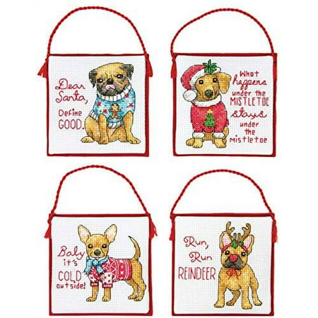 UPC: 0088677089726 | Dimensions  Christmas Pups  Counted Cross Stitch Ornament Kit  14 Count Ivory Aida Cloth  4pc.