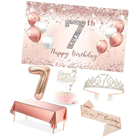 SKYSONIC 25th Birthday Party Decor Set for Women, Rose 25 Banner and Tablecloth, Fabulous at 25 Sash and Tiara, Happy 25th Birthday Cake Topper, 25 Number Balloons