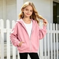 thumbnail image 2 of Girls Solid Color Ruched Sleeve Zip Up Hoodie Jacket, Casual Fleece Lined Pocket Hooded Sweatshirt for Kids Fall Winter Daily Wear(Pink,8-9 Years), 2 of 5
