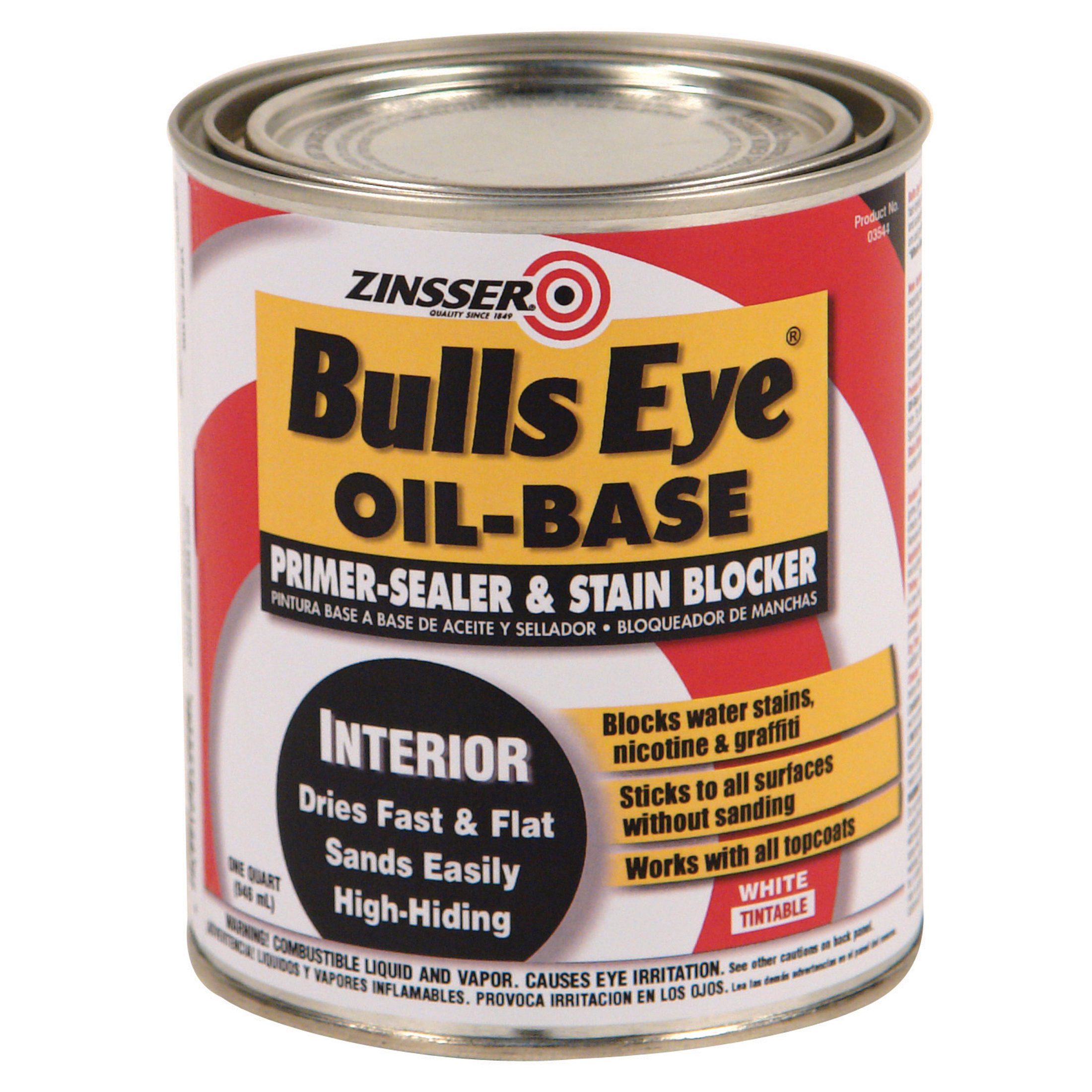 6 Pack, White, Zinsser Bulls Eye Interior Oil-Base Primer-Sealer & Stain Blocker Flat Primer- 3544, Quart