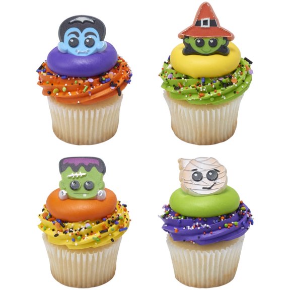Halloween Characters Cupcake Rings – 12 pcs Party Dessert Toppers (Mummy, Vampire, Witch, Frankenstein)