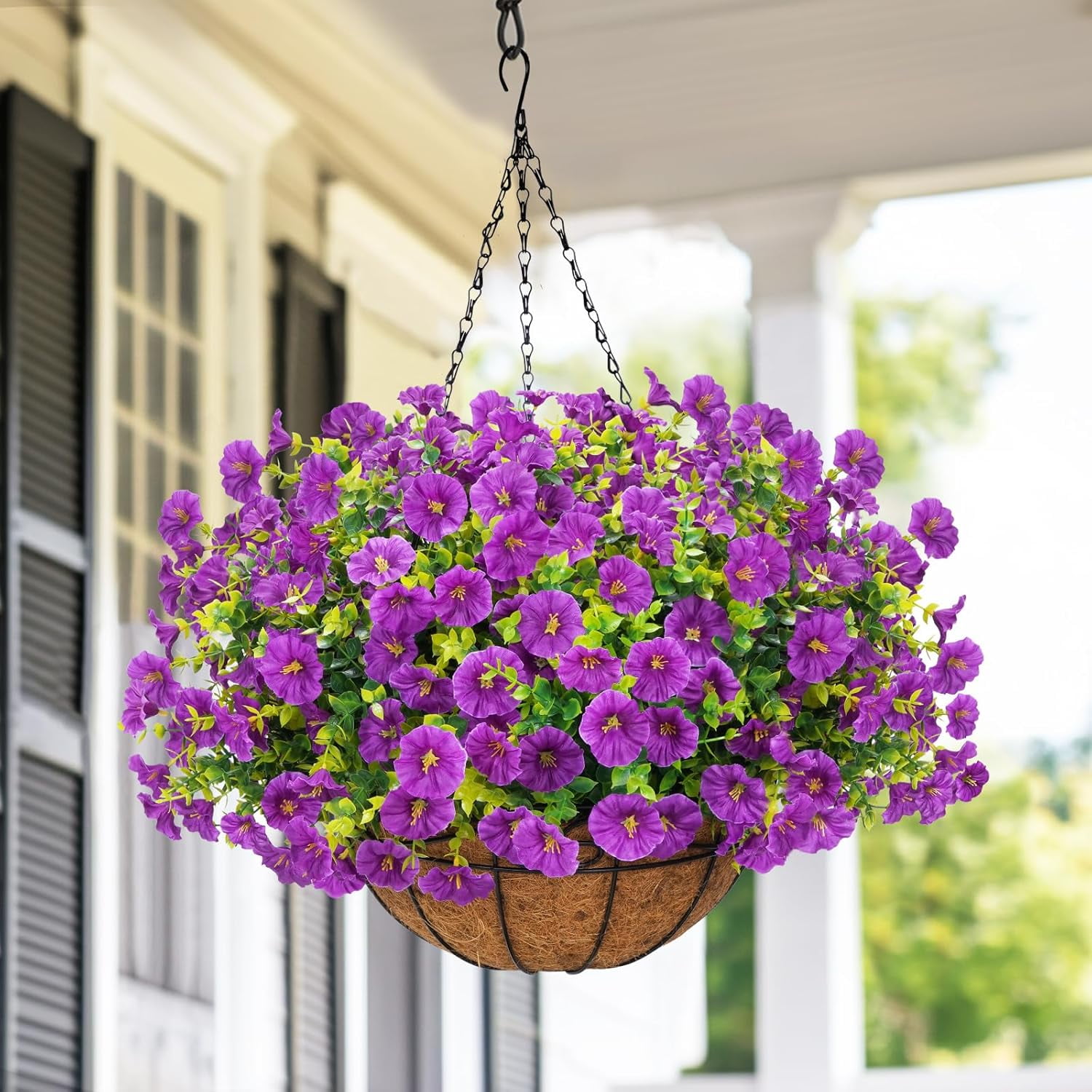 Lyacmy Purple Artificial Hanging Flowers in Basket for Indoor Outdoor, 10Pcs Fake Boxwood Petunias with Eucalyptus Leaves with 20Inch Coconut Lining Chain Flowerpot