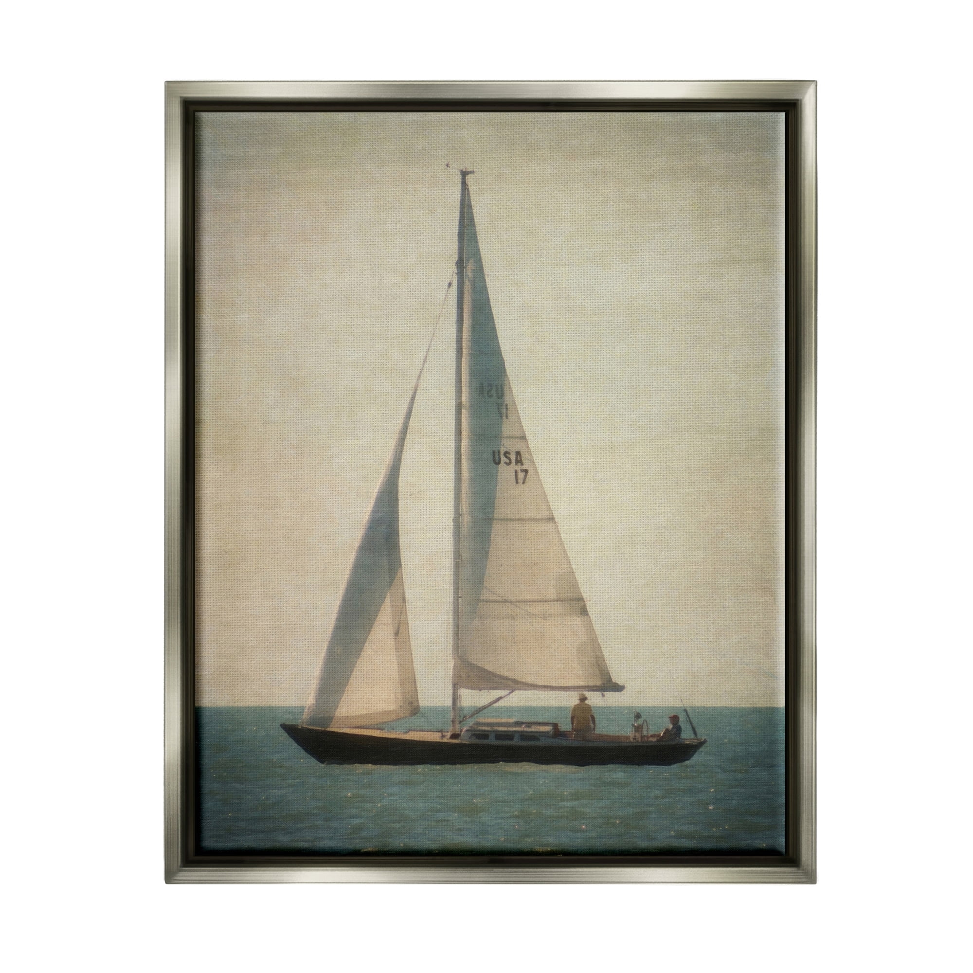 Stupell Industries Lone Sailboat People Relaxing Quiet Ocean Landscape Painting Luster Gray Floating Framed Canvas Print Wall Art, Design by Graffitee Studios