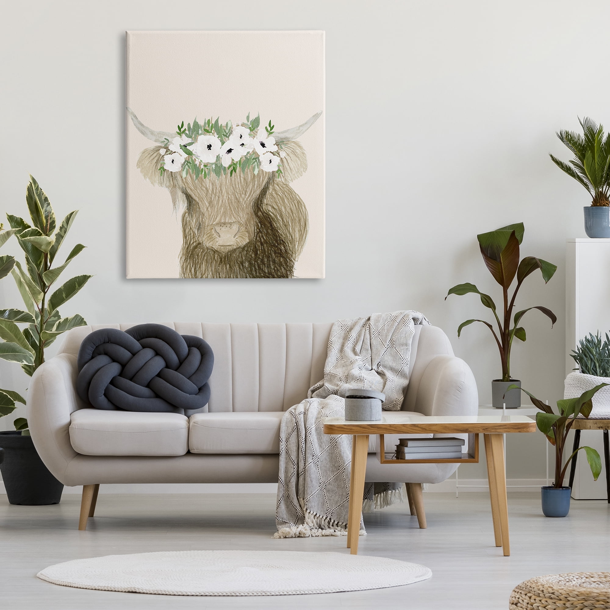 Stupell Industries Highland Cattle Portrait White Poppy Floral Crown Rustic, 36 x 48, Design by Lucille Price