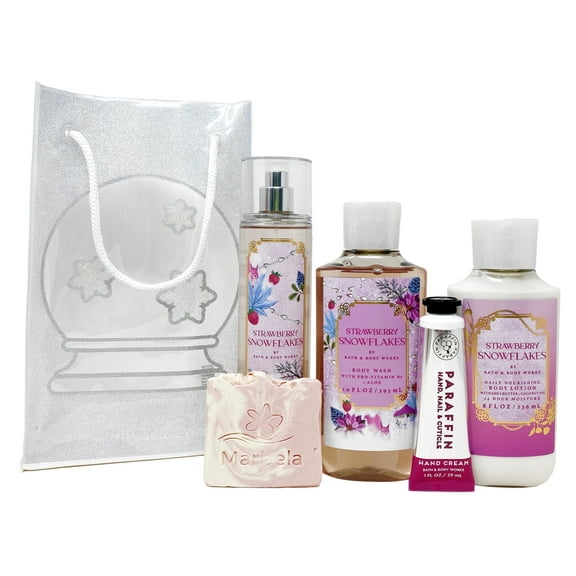 Bath & Body Works Strawberry Snowflakes - Gift Bag Set - Fine Fragrance Mist, Body Wash, Body Lotion and Hand Cream With a Himalayan Salts Springs Sample Soap.